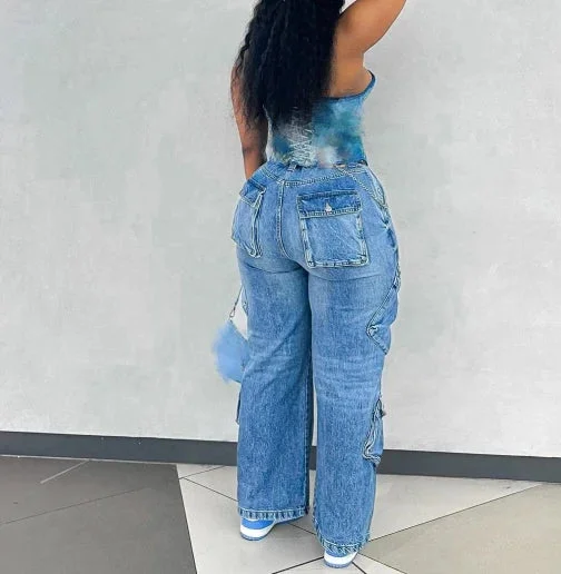 2024 Spring Trendy Jeans Pants Multi-pocket Cargo Denim Pant Fashion Street Wear Casual Pants For Women