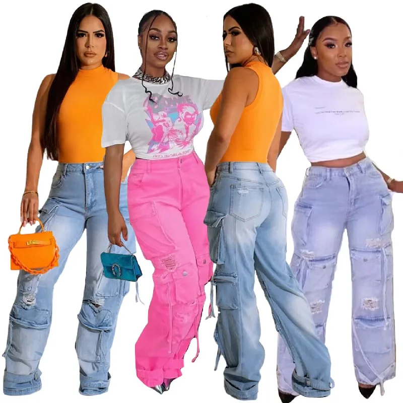 Bomblook C816PT01 Fall 2023 Women S Clothing Ripped Casual Streetwear Plus Size Cargo Jeans Women