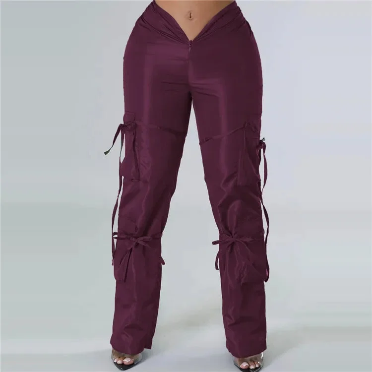 Casual Baggy Pants Women 2024 High Waist Soild Drawstring Fashion Ruched Pants Female Pockets Black Trousers Women