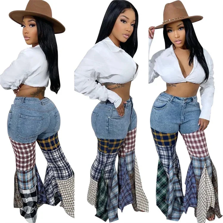 Denim Pants For Women 2023 Patchwork Low Waist Flares Pants Casual Fashion Plaid Print Baggy Pants