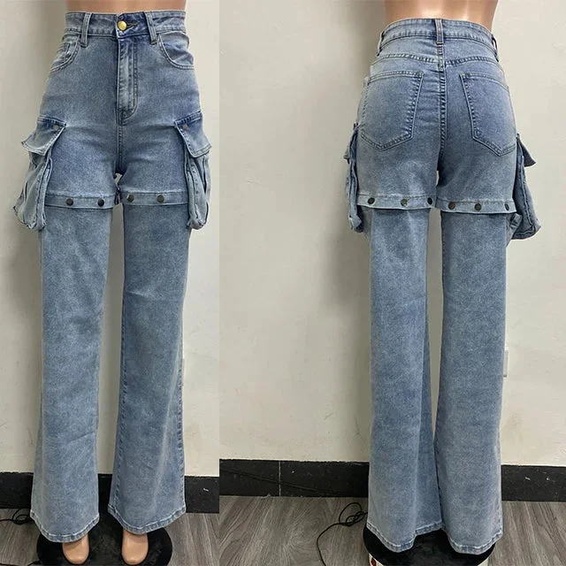 GX1056 Fashion Lady Street Wear Unique Stretchy Cut Out Removable Jeans Side Big Packets Design Casual Cargo Denim Pants Women