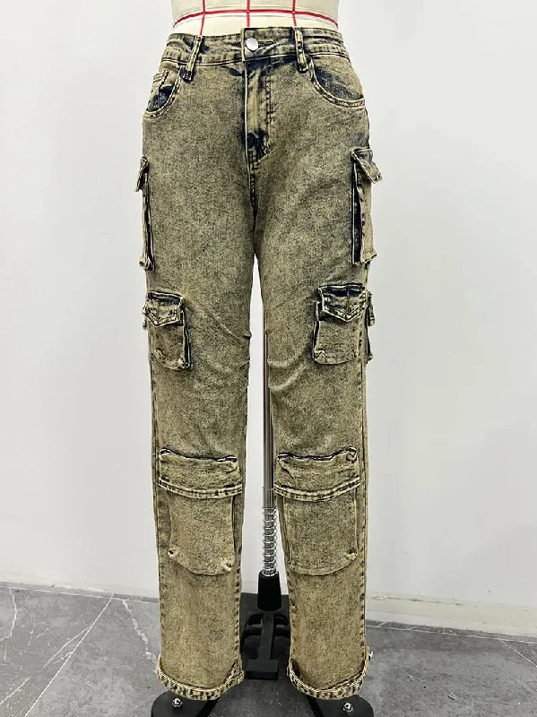 GX23302 Women's fashion street wear new multi pocket cargo denim pants ladies retro washable jeans