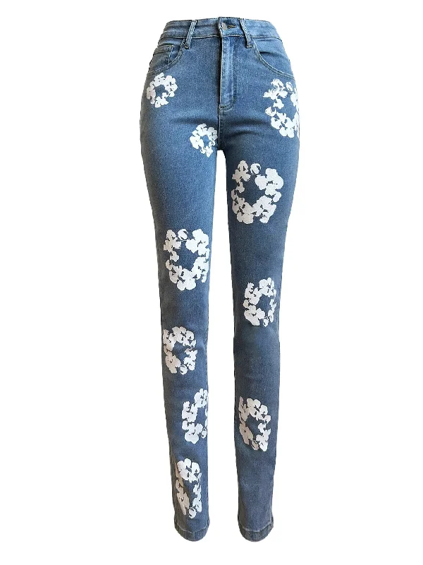 GX3123 Women's Fashion Street Wear Snow Printed Style Skinny Stretch Washable Jeans Personalized Retro Casual Denim Pant