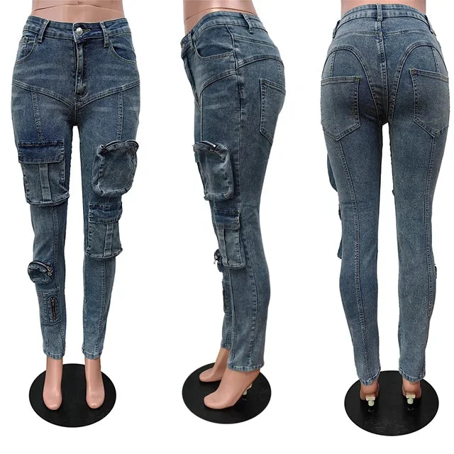 GX8543 Women's Fashion Street Wear New Multi-pocket Stretchy Skinny Washable Jeans Retro Casual Cargo Denim Pant