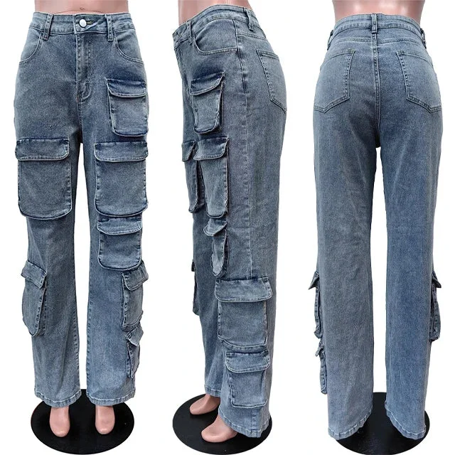 GX8544 Women's Fashion Street Wear New Multi-pocket Straight Washable Jeans Retro Casual Cargo Denim Pant