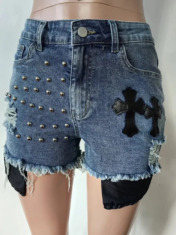 GX8546 New 2024 Trendy Fashion Unique Streetwear Sexy Washed Jean Rivet Shorts Ladies Irregular Cross Denim Shorts For Women