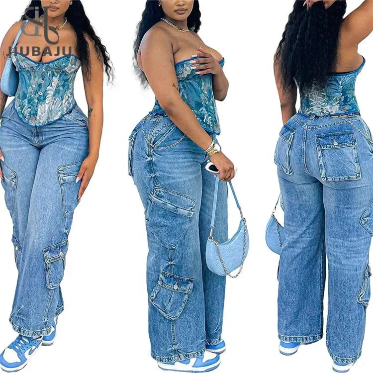 Multi Pockets Denim Cargo Pants Women Button Fly High Waist Loose Straight Baggy Jeans Trousers