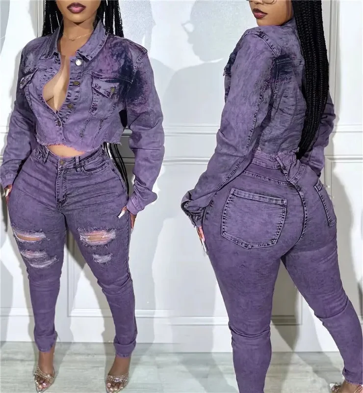 Purple Fashion Denim Hole Skinny Pants Two Piece Sets Women Turndown Collar Long Sleeve Button Crop Top + Pants Outfits