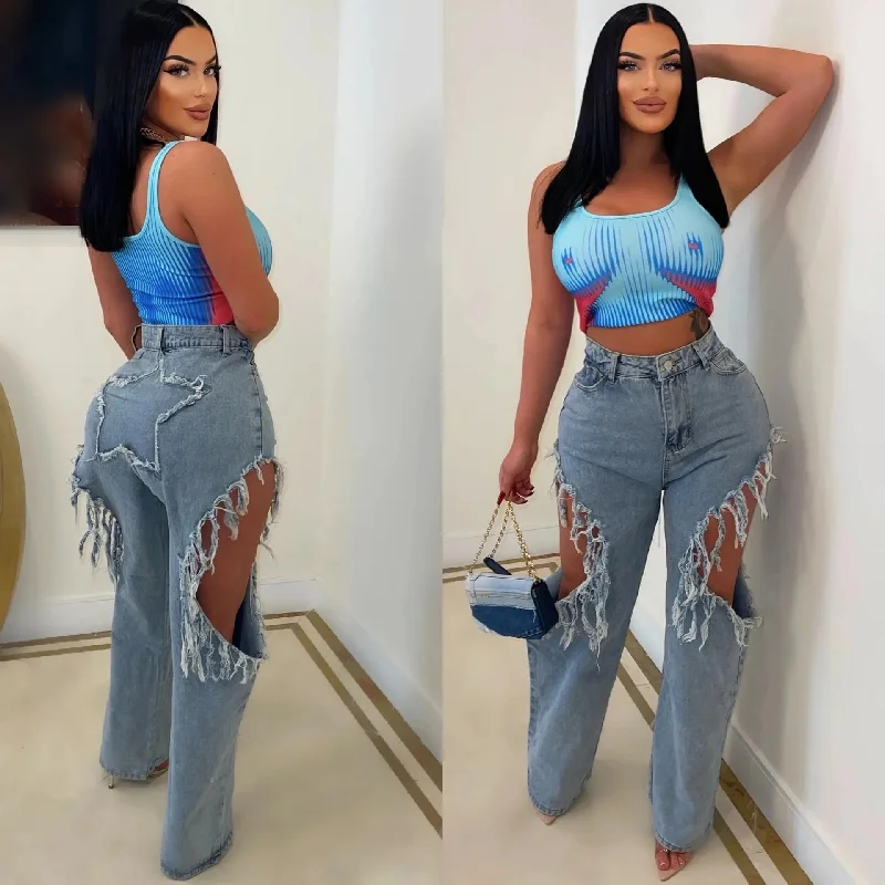 Summer Women's Fashion Sexy Ripped Wash Denim Pants Stretch High Waist Pantalon Jean Femm For Women