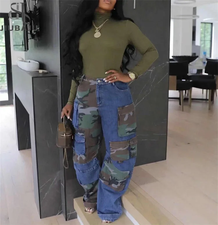 Women Pocket Front Camouflage Patchwork Safari Style Straight Denim Pants 2023 Autumn Winter Street Jeans Cargo Trousers