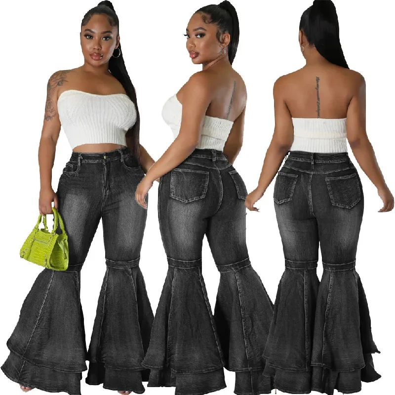 Women Vintage Flare Jeans High Waist Stretch Denim Casual Solid Bodycon Work Long Bell Bottoms 2023