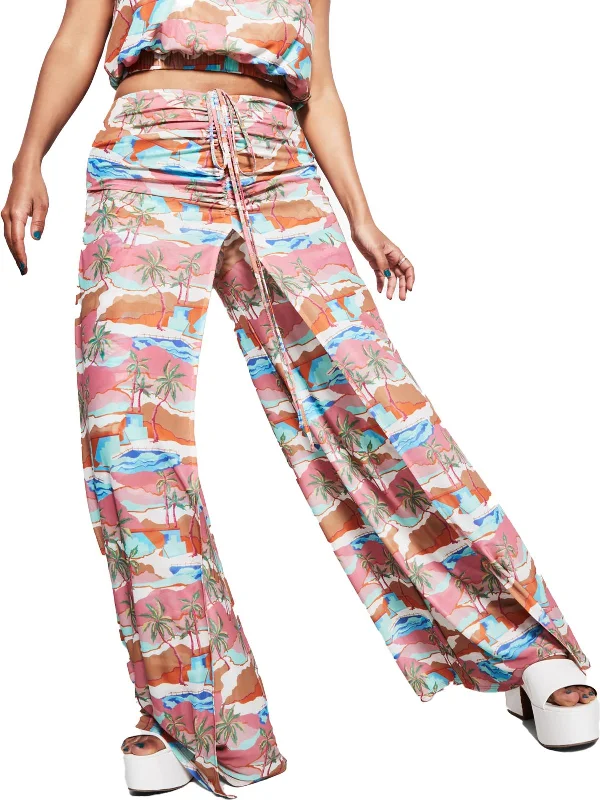 Womens Tropical Printed Drawstring Wide Leg Pants