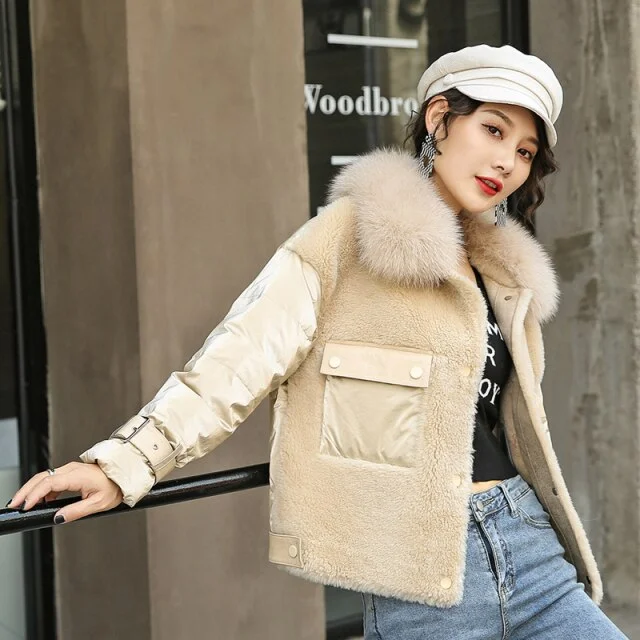 100% Wool Women's Hooded Covered Button Jacket with Fox Fur Collar