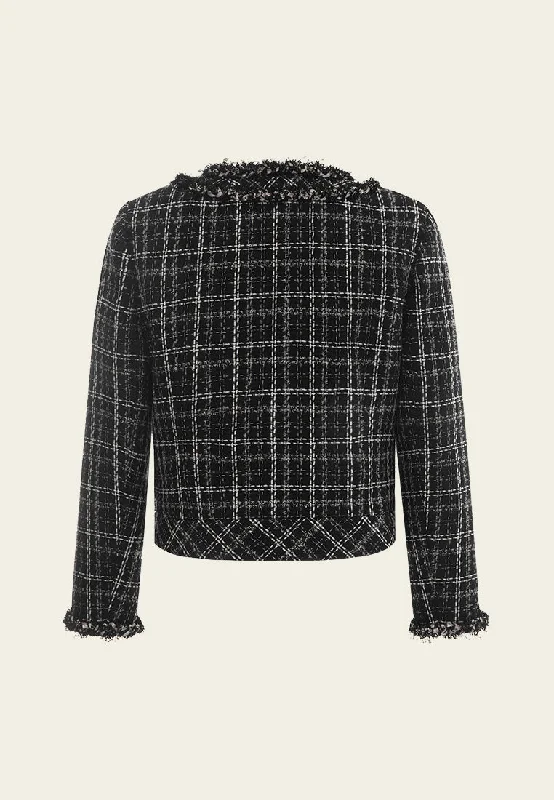 Frayed-trim Embellished-button Checked Top