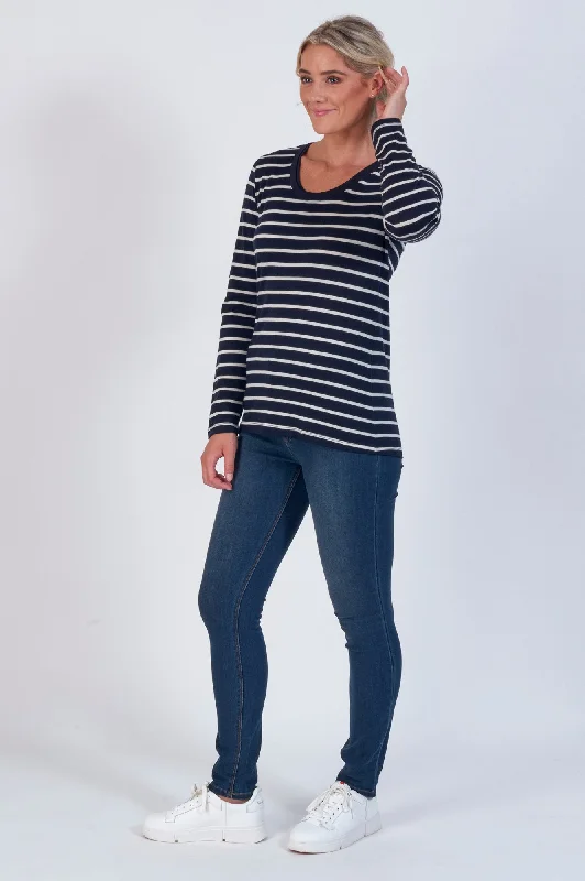 Basic Long Sleeve 100% Merino Crew - Ink Stripe