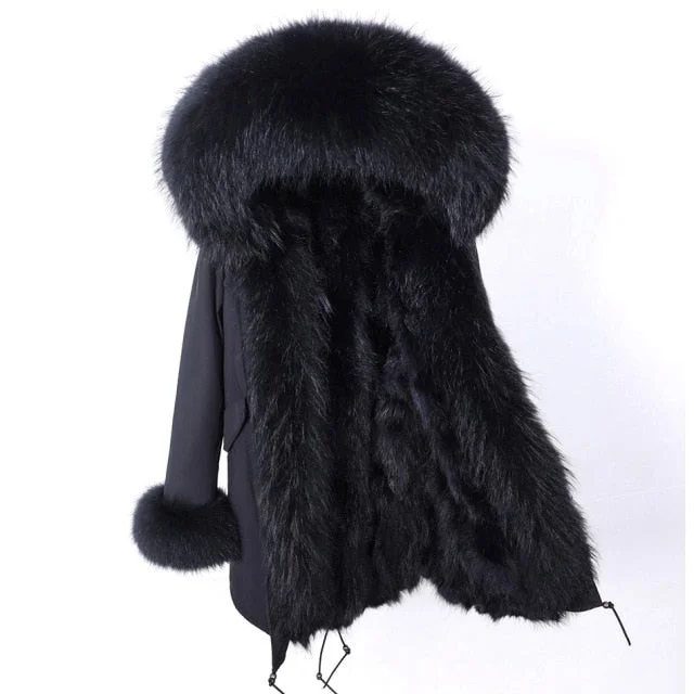 Black Thick Warm Hooded Winter Jacket for Women with Natural Raccoon Fur