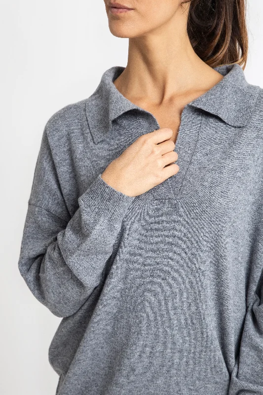 Cashmere Elyse Polo Knit in Charcoal Marle Grey