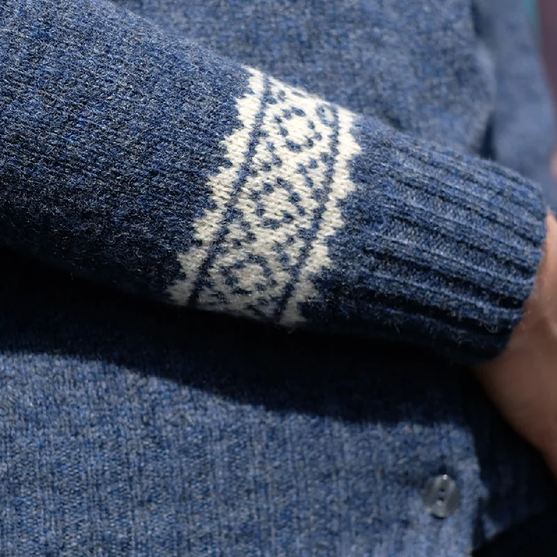 Pure wool fair isle cardigan in denim blue