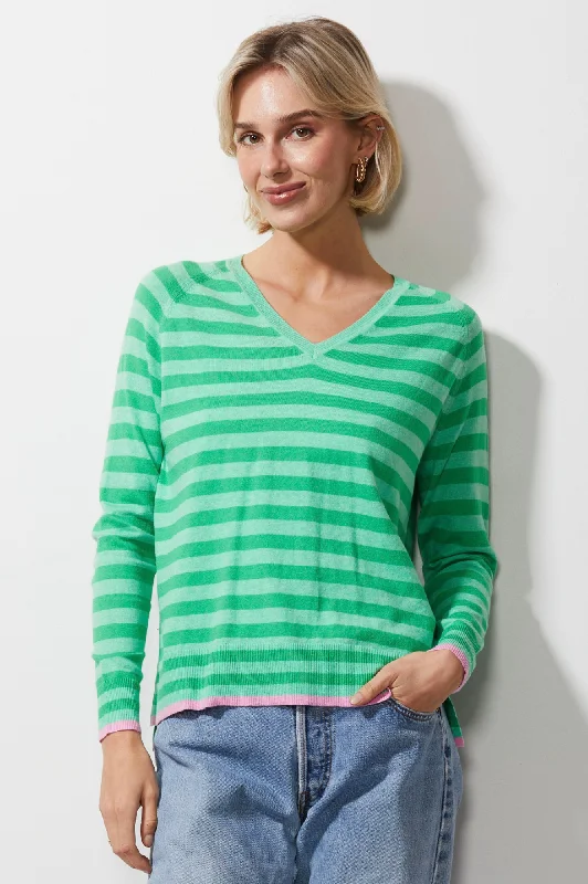 Essential Stripe Vee Neck Knitwear - Mint