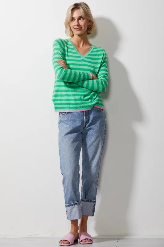 Essential Stripe Vee Neck Knitwear - Mint