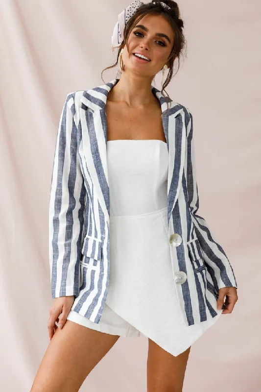 Hamptons Striped Notched Lapel Jacket Blue