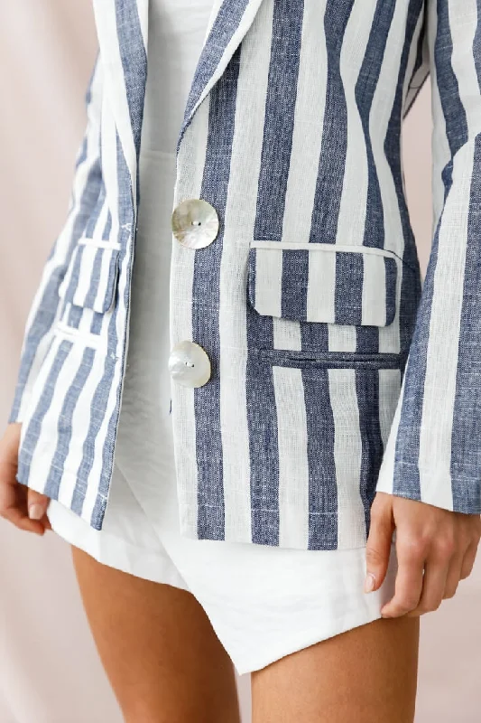 Hamptons Striped Notched Lapel Jacket Blue