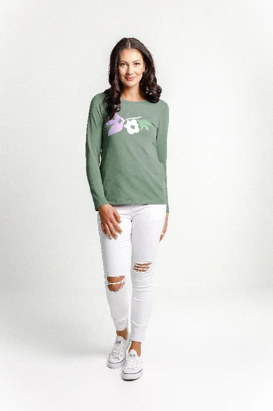 Long Sleeve Taylor Tee - Moss With Floral Print