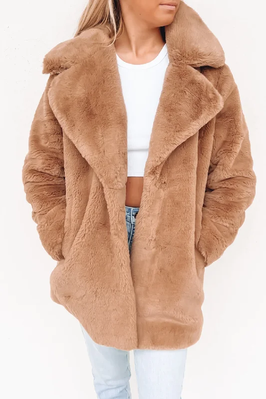 Minimalist Faux Fur Jacket Almond