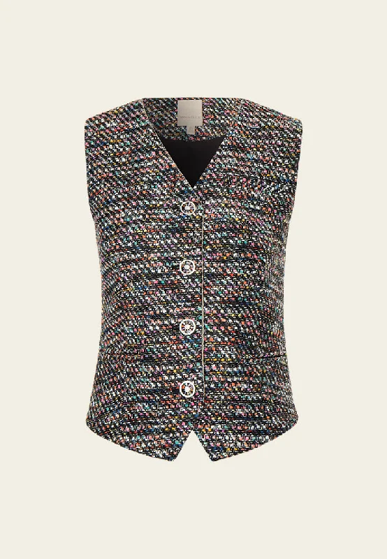 Mixed tweed Hollow-carved Crystal Button Metalic-trim Waistcoat