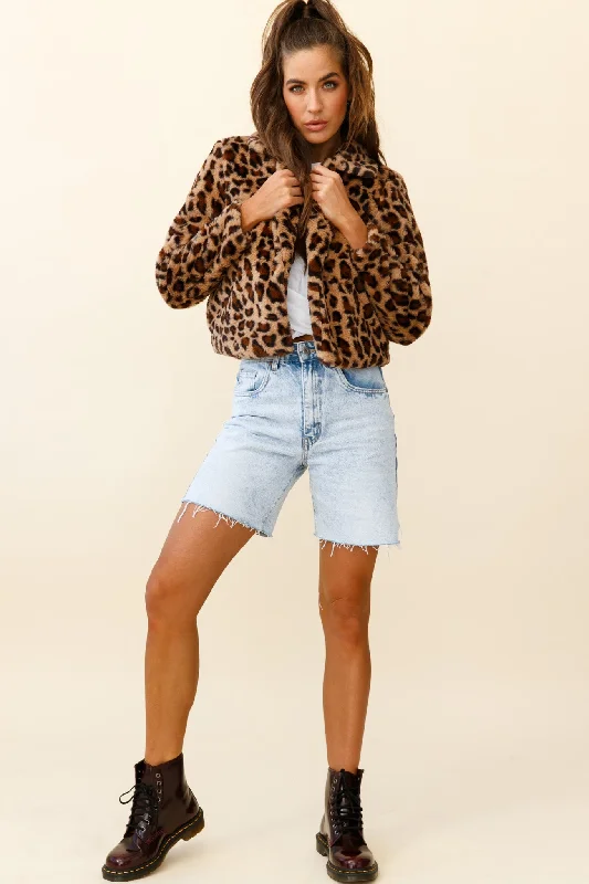 Ohio Faux Fur Leopard Print Jacket Brown