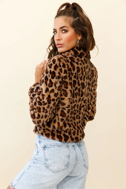 Ohio Faux Fur Leopard Print Jacket Brown