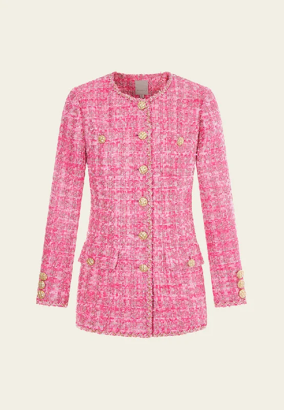 Pink Mixed Tweed Braided-trim Patch-pocket Jacket