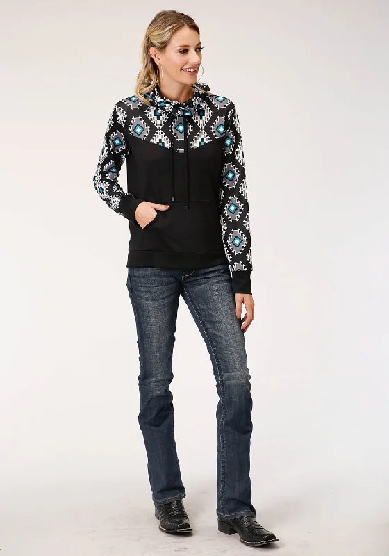 Roper Womens Black Polyester Cowl Neck Navajo Rug Hoodie