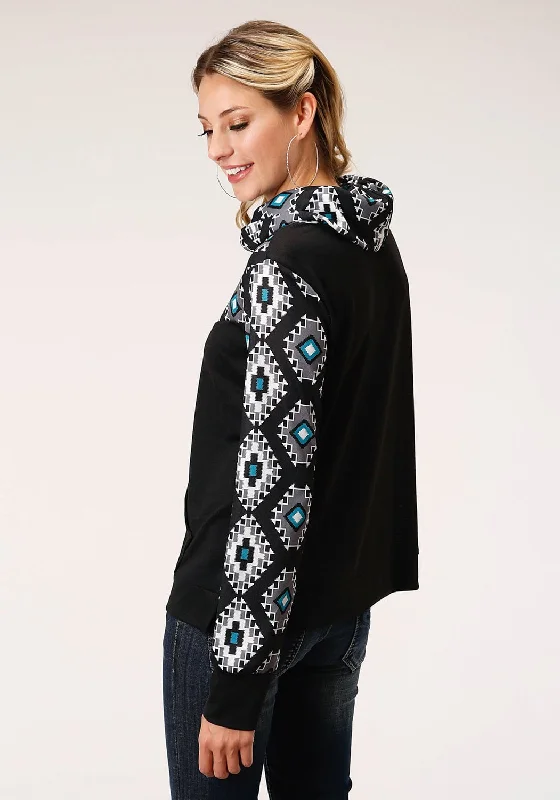 Roper Womens Black Polyester Cowl Neck Navajo Rug Hoodie