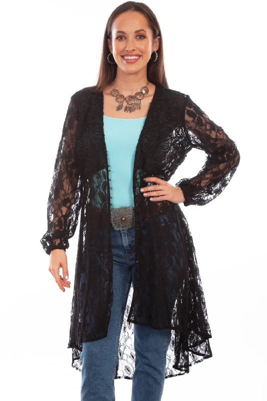 Scully Womens Black 100% Polyester Lace V-Neck Duster