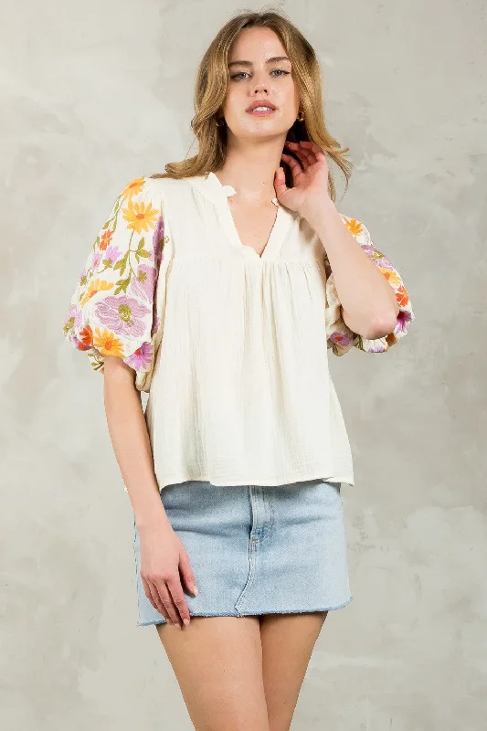 Serena Embroidered Puff Sleeve V-Neck Top