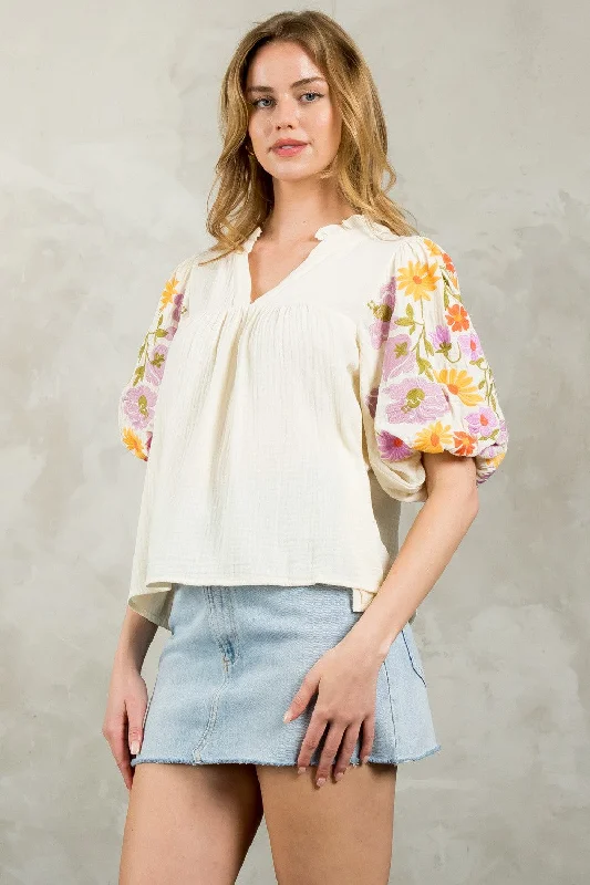 Serena Embroidered Puff Sleeve V-Neck Top