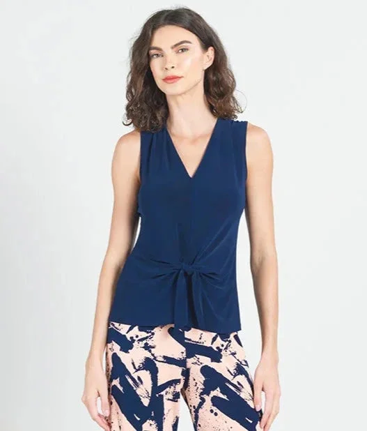 Sleeveless V-Neck Center Front Tie Top - Navy