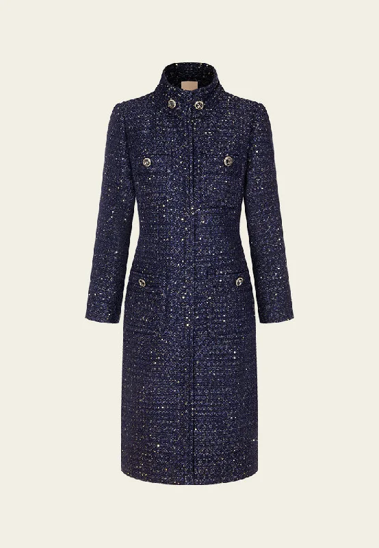 Stand-collar Concealed-fastening Sequin-detail Lurex Coat