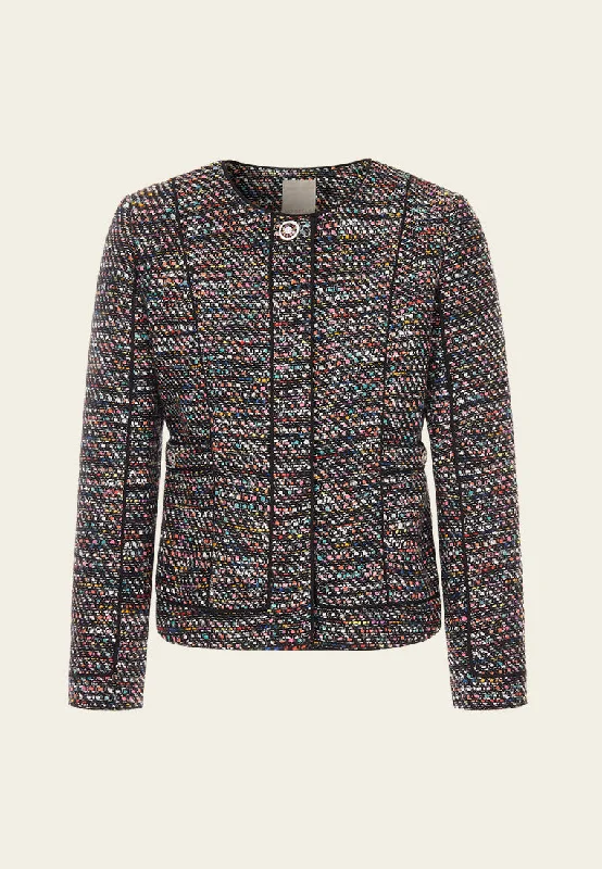 Structured Mixed tweed Round-neck Hollow-carved Crystal Button Jacket