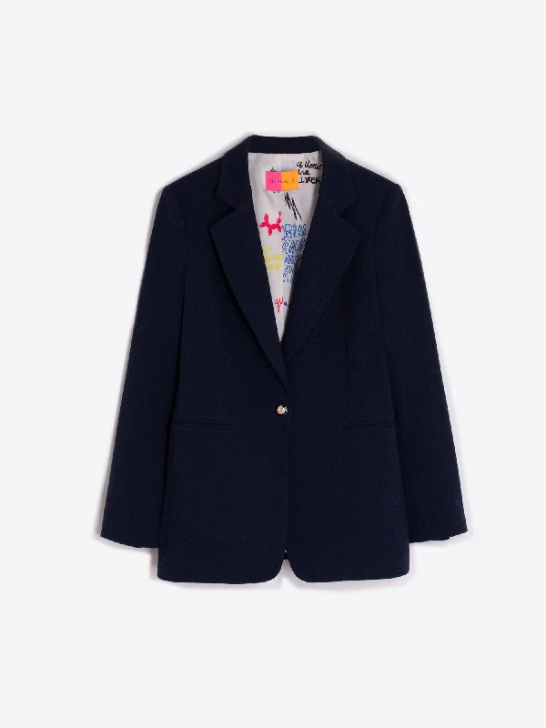 Vilagallo Navy Herringbone Single Breasted Lined Blazer