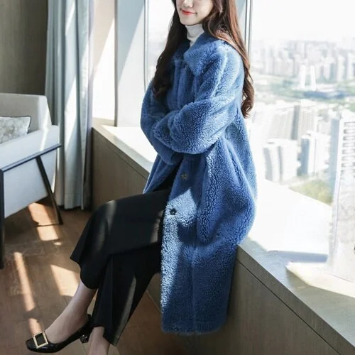 Warm Winter Fashion Long Korean Style Shearling Fur Coat Jacket for Women