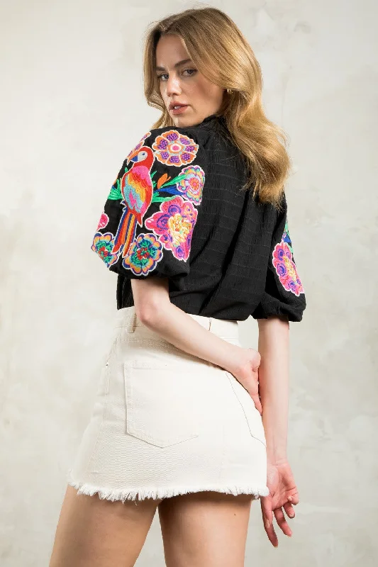 Wild Flower Embroidered Puff Sleeve Textured Top