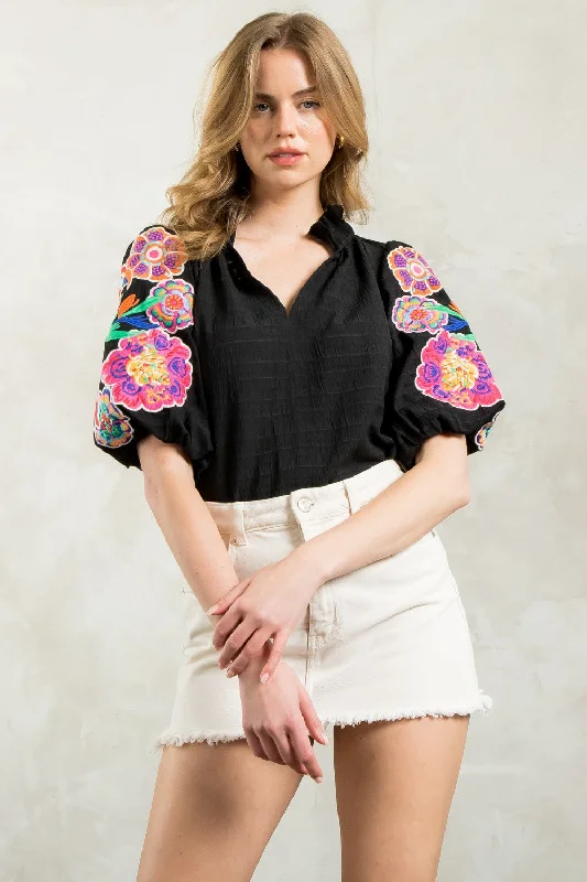 Wild Flower Embroidered Puff Sleeve Textured Top