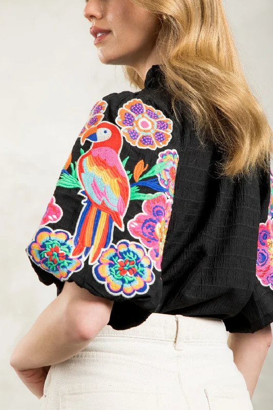 Wild Flower Embroidered Puff Sleeve Textured Top