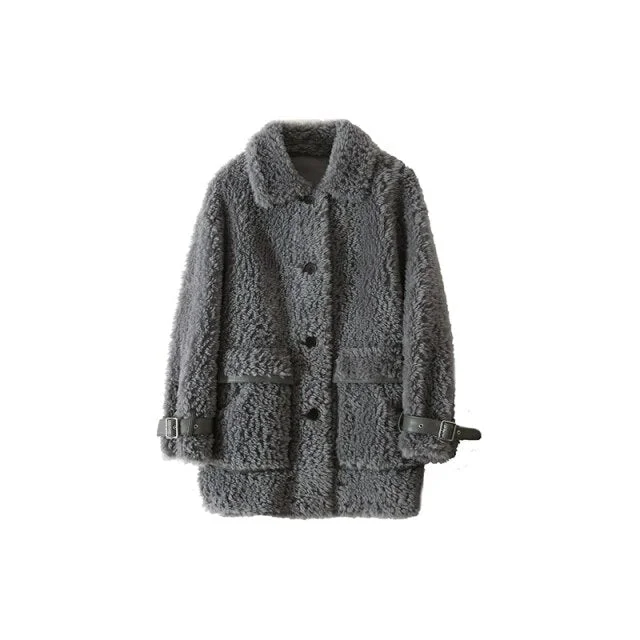 Winter Casual Style Warm Wool Real Fur Shearling Coat Jacket with Pockets