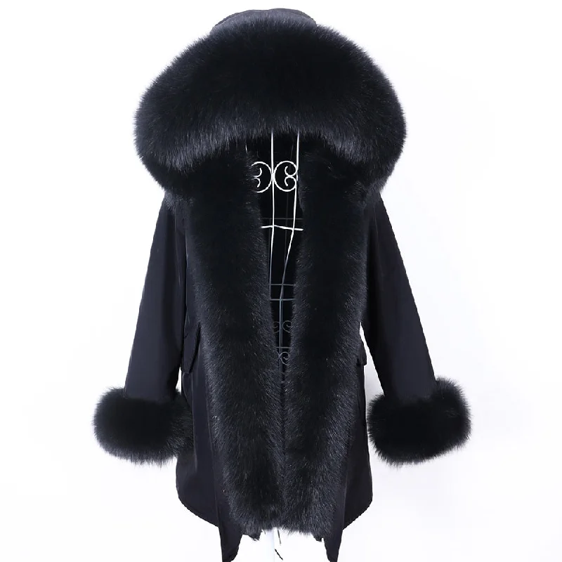 Winter Long Hooded Big Removable Real Fox Fur Collar Jacket for Women