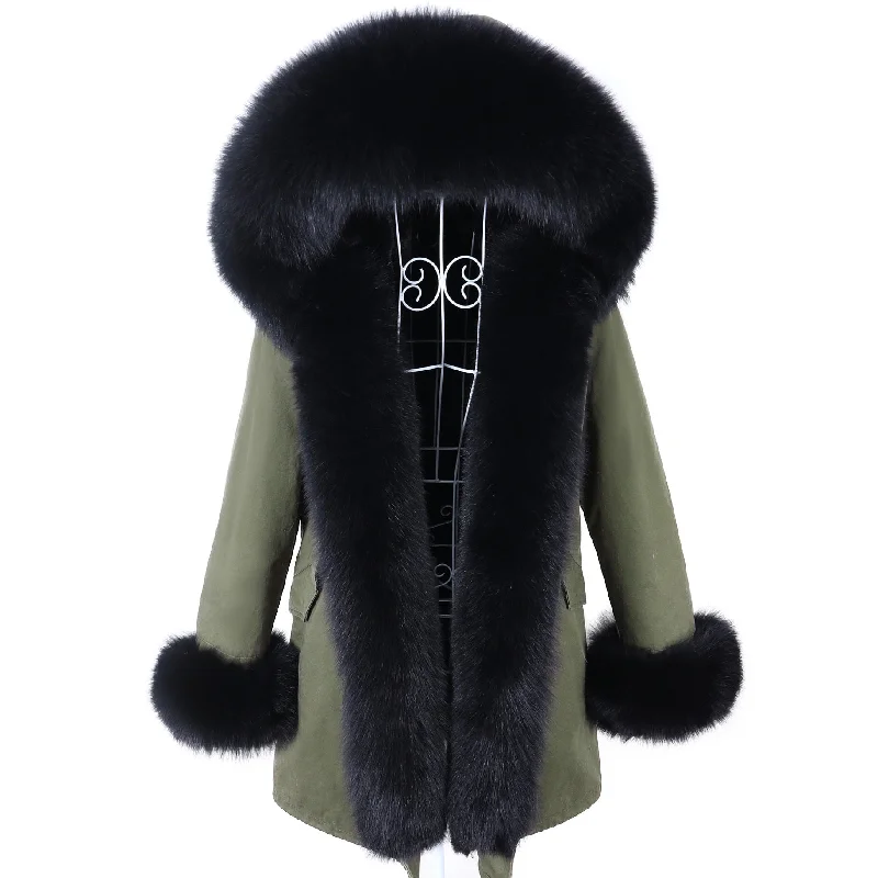 Winter Long Hooded Removable Real Fox Fur Collar Jacket Women