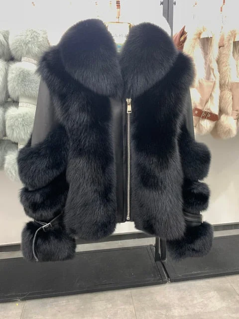 Winter Thick Warm Real Fox Fur Casual Women's Overcoat with Zipper