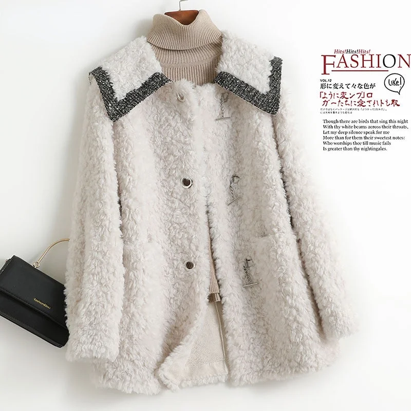 Women Korean Fashion Real Wool Fur Turn Down Collar Hook Coats